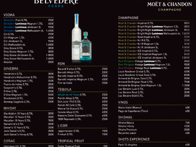 carta opium Mesas VIP